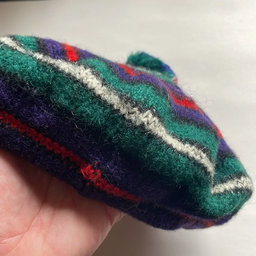 VTG Striped Knit Tam Beret Green Wool Pom Scotland MacKenzie Hat Cap Stripe Navy